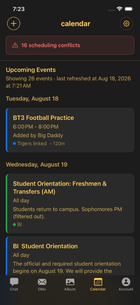 Upcoming family events with a scheduling-conflicts banner